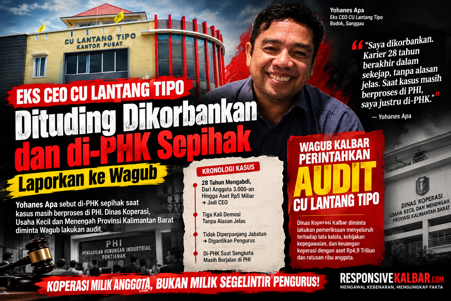 Yohanes Apa mengaku kariernya selama 28 tahun berakhir setelah tiga kali demosi dan berujung PHK ketika sengketa ketenagakerjaan masih bergulir di Pengadilan Hubungan Industrial. Wagub Kalbar disebut telah memerintahkan Dinas Koperasi memeriksa persoalan tersebut secara menyeluruh dan melakukan audit.